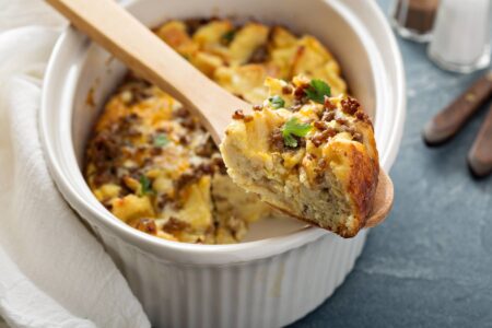 Overnight Breakfast Casserole with Bread, Sausage, and Eggs Image
